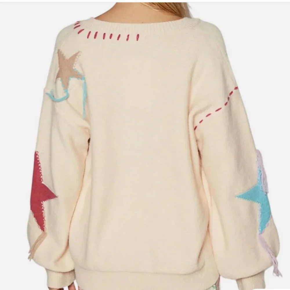 POL Patchwork Star Sweater - Beige V Neck Thick Knit Size Medium - Picture 3 of 12